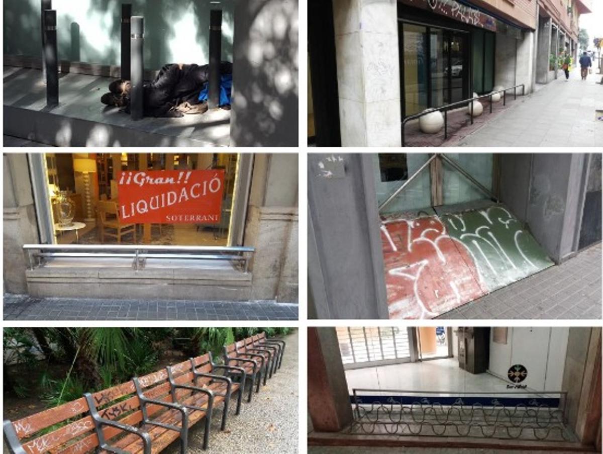 Ejemplos de mobiliario urbano y arquiectura antimendigos en varias ciudades españolas según el registro de la Fundación Arrels.