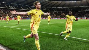 Belgiums midfielder #07 Kevin De Bruyne celebrates after scoring Belgiums fourth goal during the FIFA World Cup 2026 Group J European qualification football match between Belgium and Wales at the King Baudouin Stadium in Brussels, on June 9, 2025. (Photo by BRUNO FAHY / BELGA / AFP) / Belgium OUT. Belgium OUT