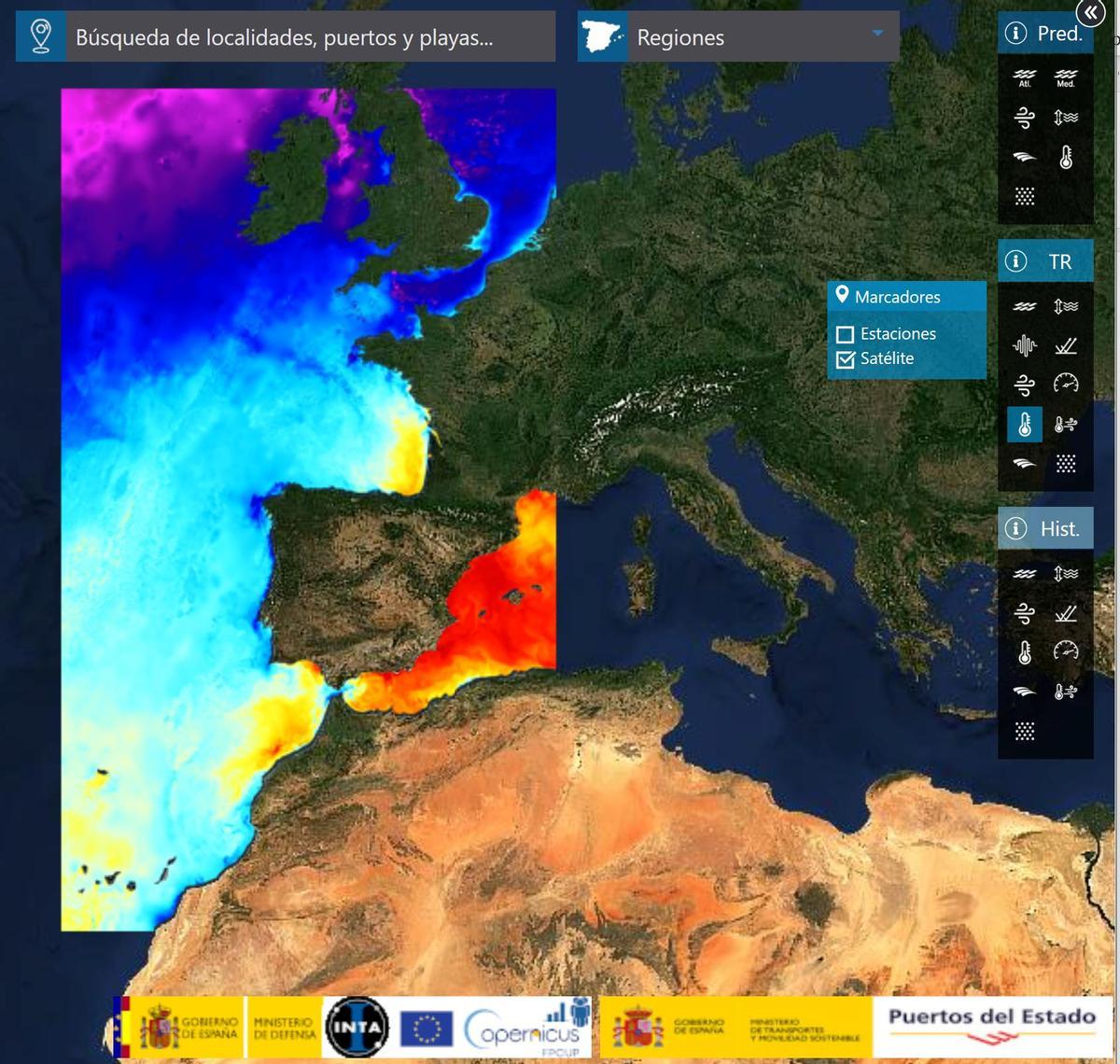 Mapa del mar Mediterráneo el pasado mes de junio en color rojo por la alta tempatura del agua