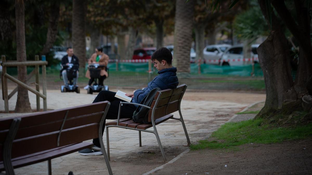 Un joven lee un libro en un parque de Barcelona.