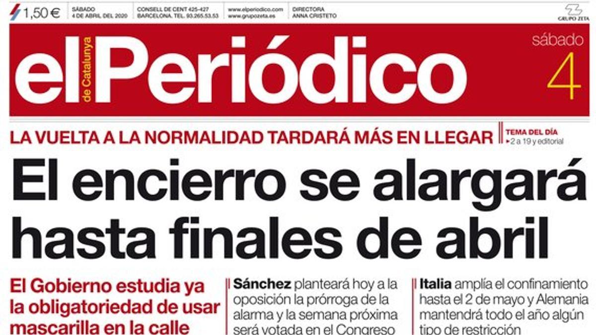 La portada de EL PERIÓDICO del 4 de abril del 2020.