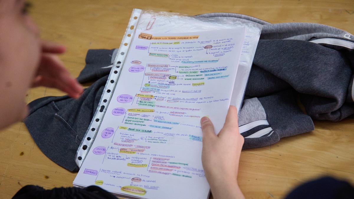 Un estudiante repasa un esquema.