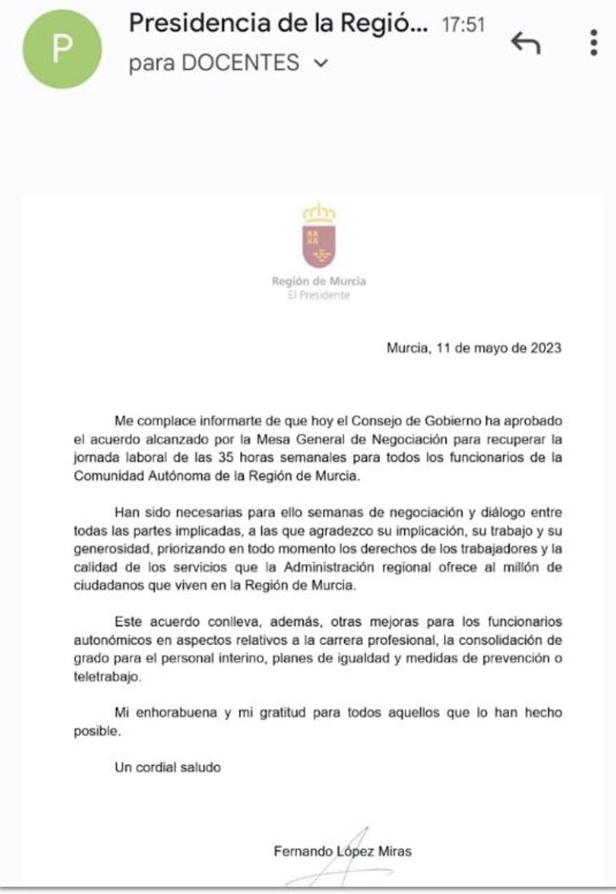 Carta enviada a Miras a los docentes de la Región