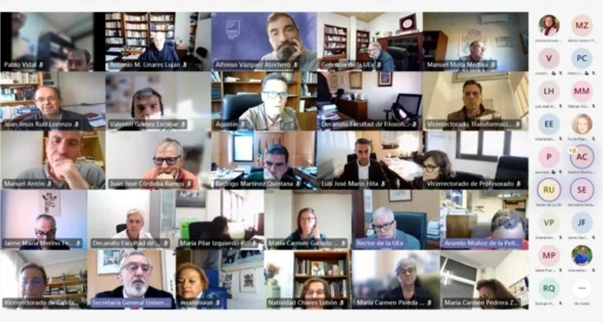 Miembros del Consejo de Gobierno de la UEx, reunidos esta mañana de manera telemática.