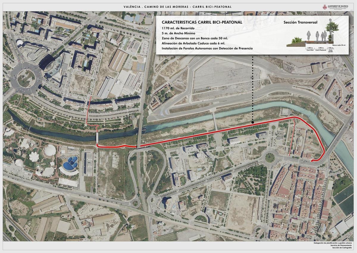 Mapa del nuevo carril ciclopeatonal entre el Grao y Natzaret, en València.