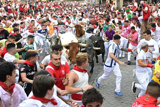 Rápida carrera de los toros de Cebada Gago en el segundo encierro de los Sanfermines