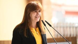 La candidata de JxCat, Laura Borràs, durante el acto en Sant Cugat del Vallès. 