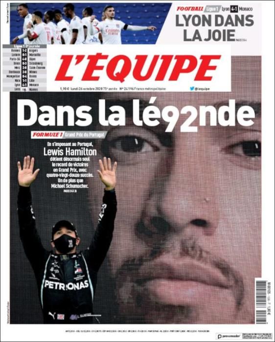 Portada L'ÉQUIPE lunes 26 octubre 2020