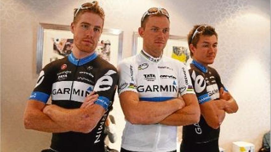 Tyler Farrar, Thor Hushovd i Heinrich Haussler, en un acte promocional de l&#039;equip Garmin a Girona.