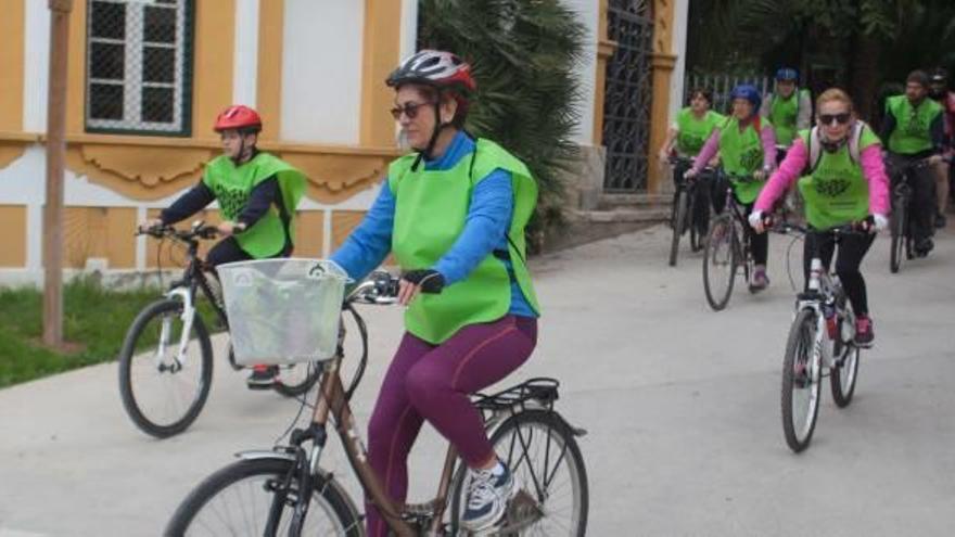 Un grupo de usuarios de la bicicleta circulando en las proximidades de la Oficina de Información Turística de Elche.