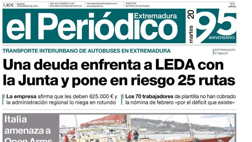 Esta es la portada de EL PERIÓDICO EXTREMADURA correspondiente al día 20 de marzo del 2018