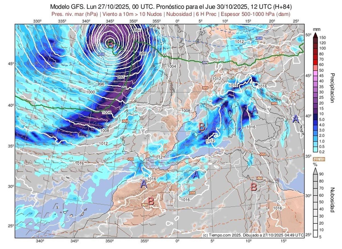 Previsión para el próximo jueves del modelo GFS, con una borrasca muy profunda al sur de Irlanda