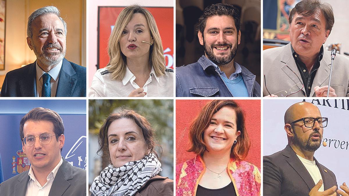 De izquierda a derecha: Jorge Azcón (PP), Pilar Alegría (PSOE), Alejandro Nolasco (VOX), Tomás Guitarte (Teruel Existe), Jorge Pueyo (CHA), Marta Abengochea (IU-Sumar), María Goicochea (Podemos) y Alberto Izquierdo (PAR).