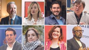 De izquierda a derecha: Jorge Azcón (PP), Pilar Alegría (PSOE), Alejandro Nolasco (VOX), Tomás Guitarte (Teruel Existe), Jorge Pueyo (CHA), Marta Abengochea (IU-Sumar), María Goicochea (Podemos) y Alberto Izquierdo (PAR).