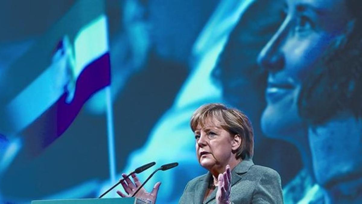 La cancillera Angela Merkel, durante el discurso que pronunció el sábado a jóvenes de su partido en Potsdam.