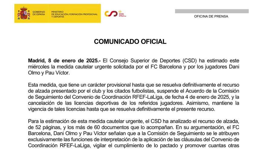 El CSD estima la medida cautelar urgente solicitada por Barcelona por Dani Olmo y Pau Víctor