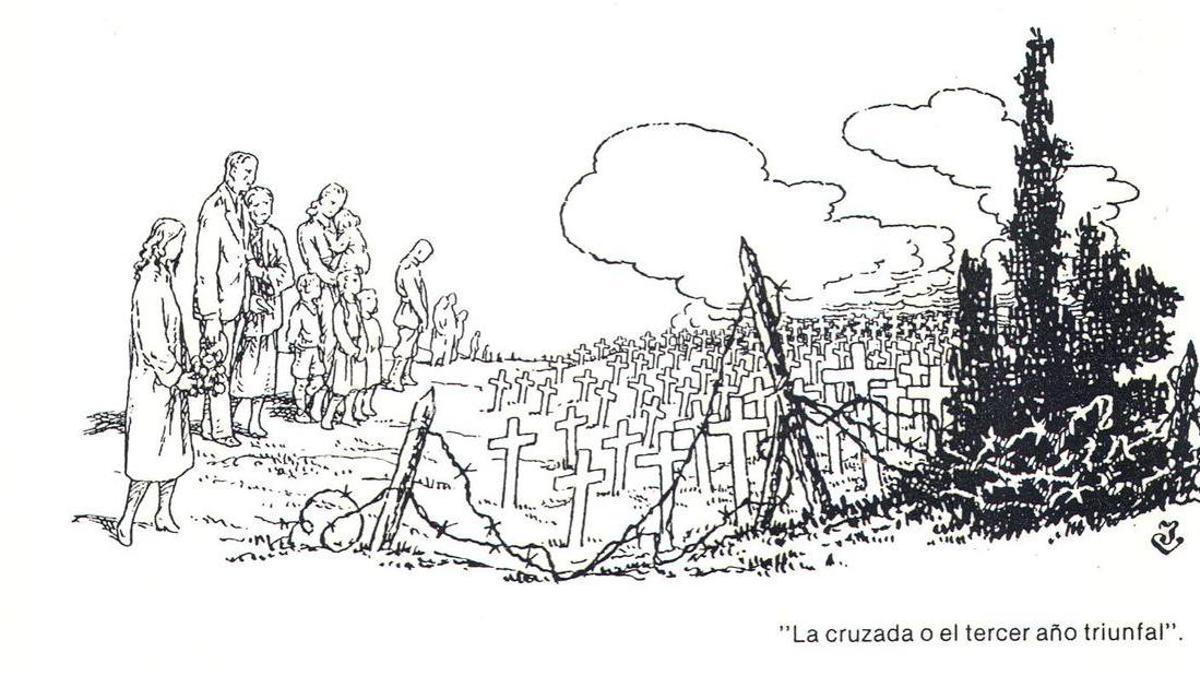 Dibuix del manresà Joan Vilanova i Roset, que reflecteix la desolació pels morts de la Guerra Civil, en contrast amb la propaganda franquista