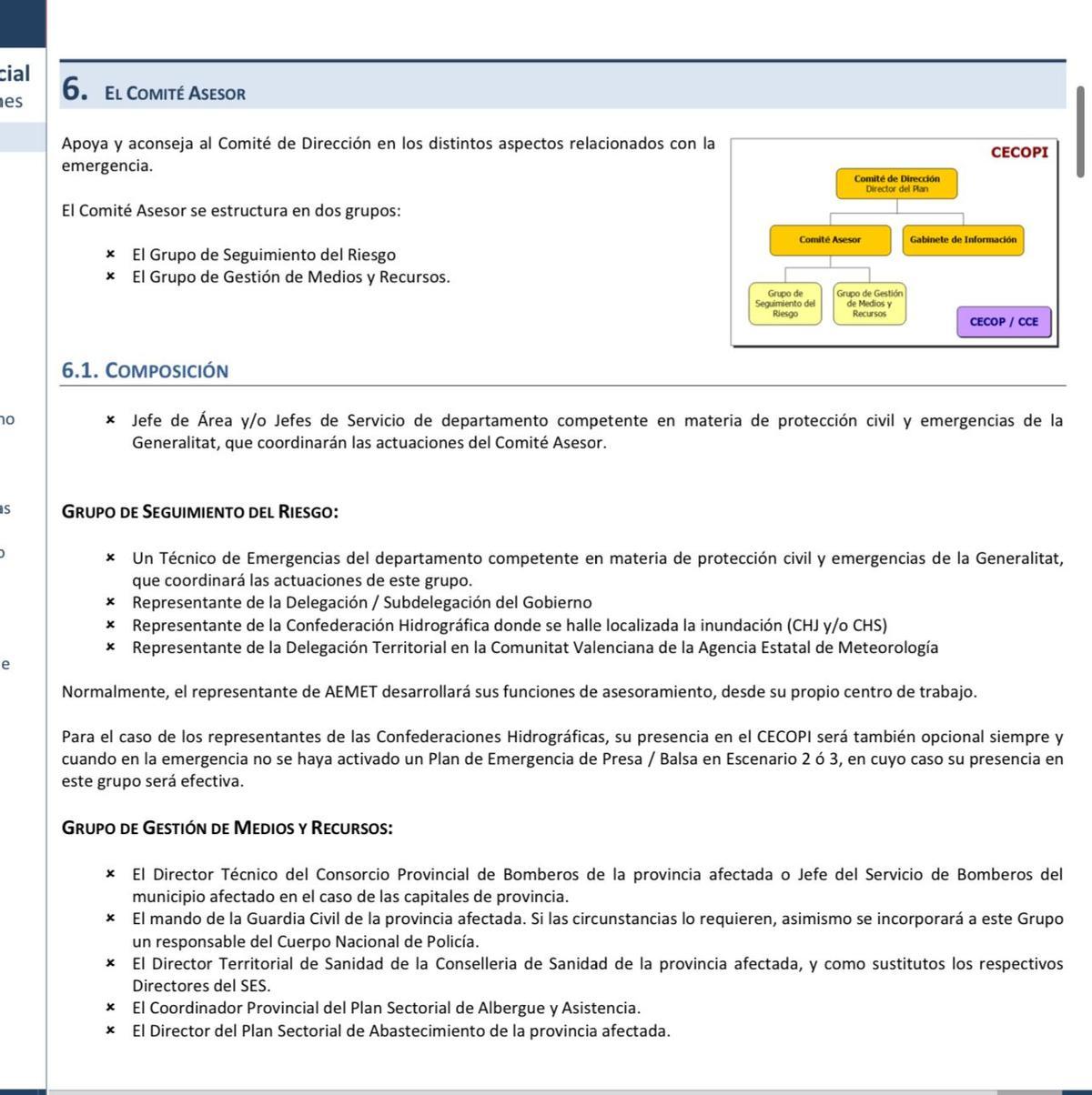 Componentes del Comité asesor del Cecopi según el Plan especial de inundaciones de la Comunitat Valenciana.