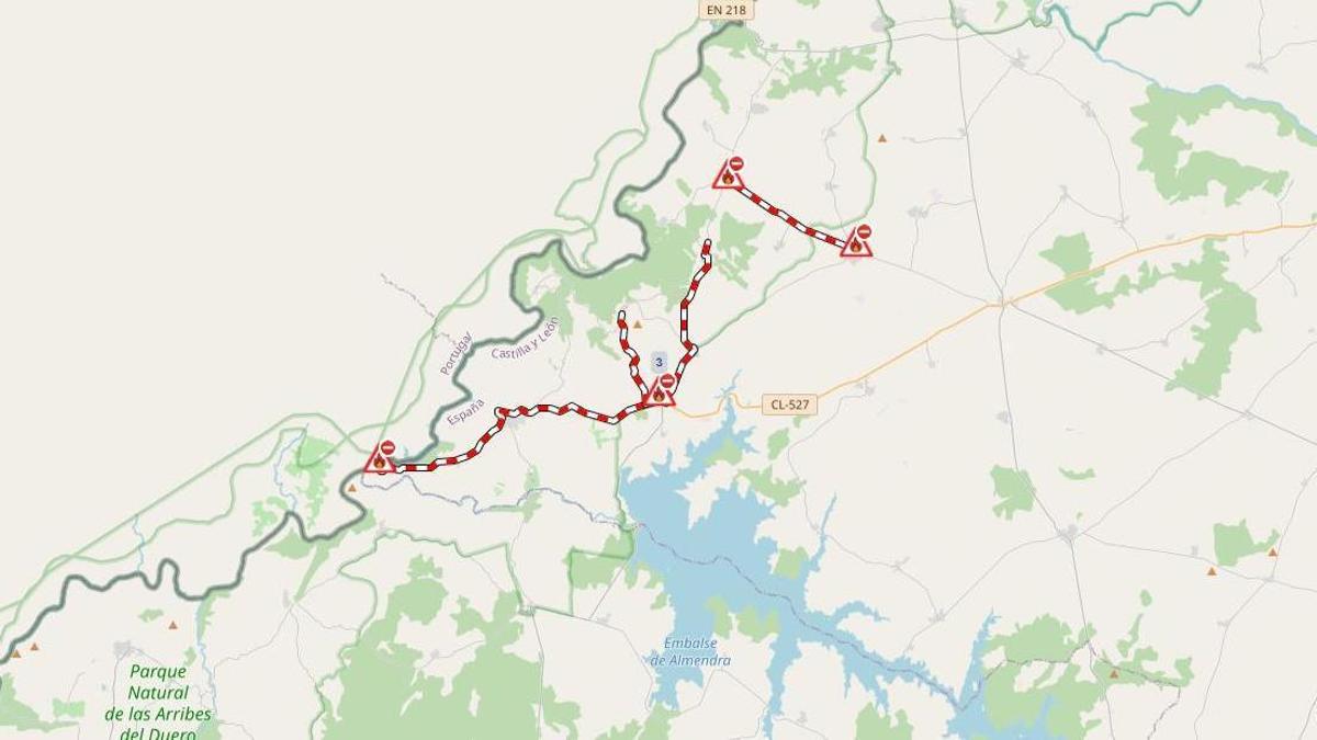 4 Carreteras cortadas por el incendio de Fermoselle (Mapa DGT).