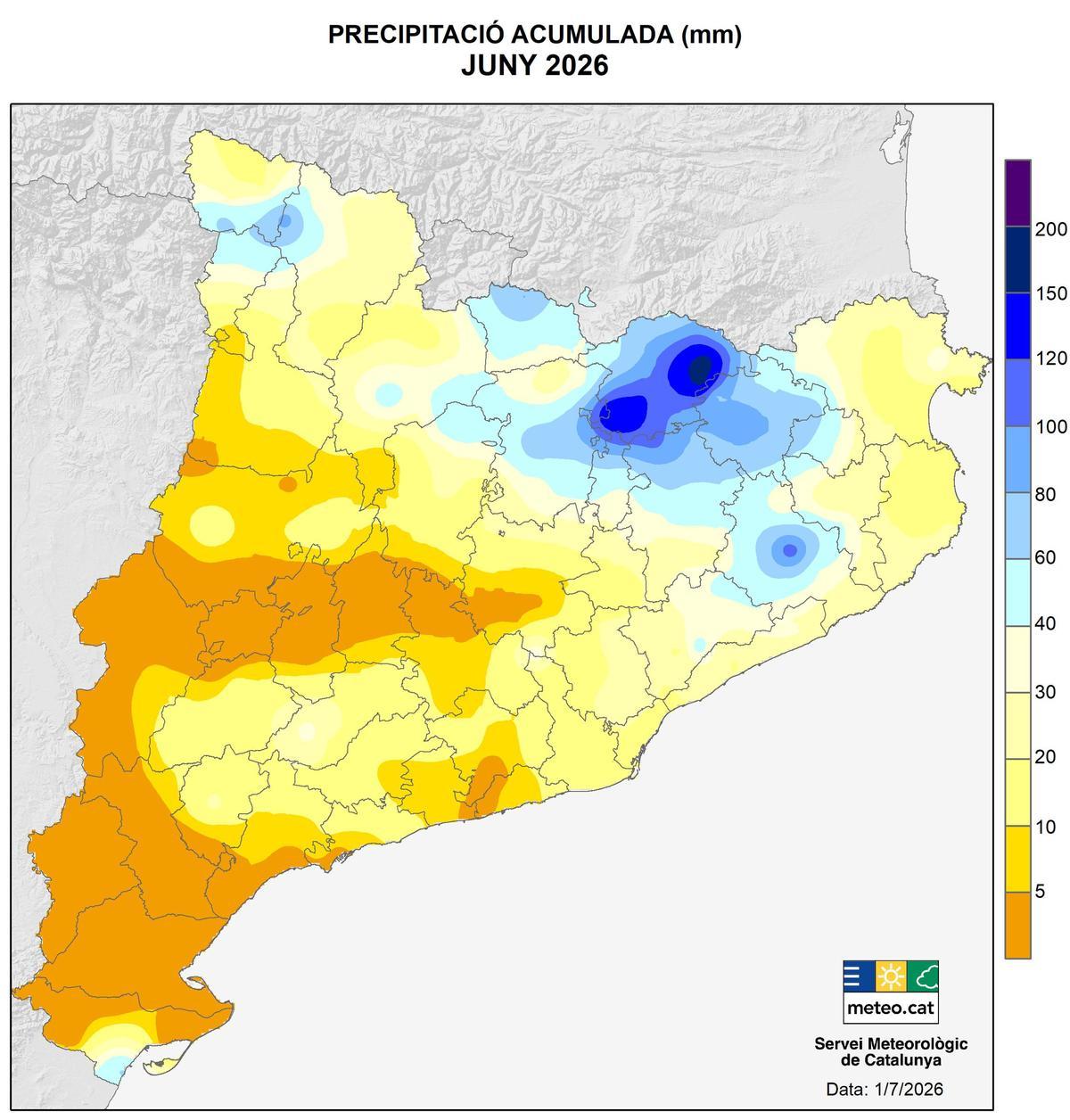 Mapa de precipitació acumulada d'aquest mes de juny.