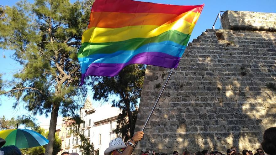 Un hombre con la bandera LGTBI en la manifestación del Orgullo en Palma