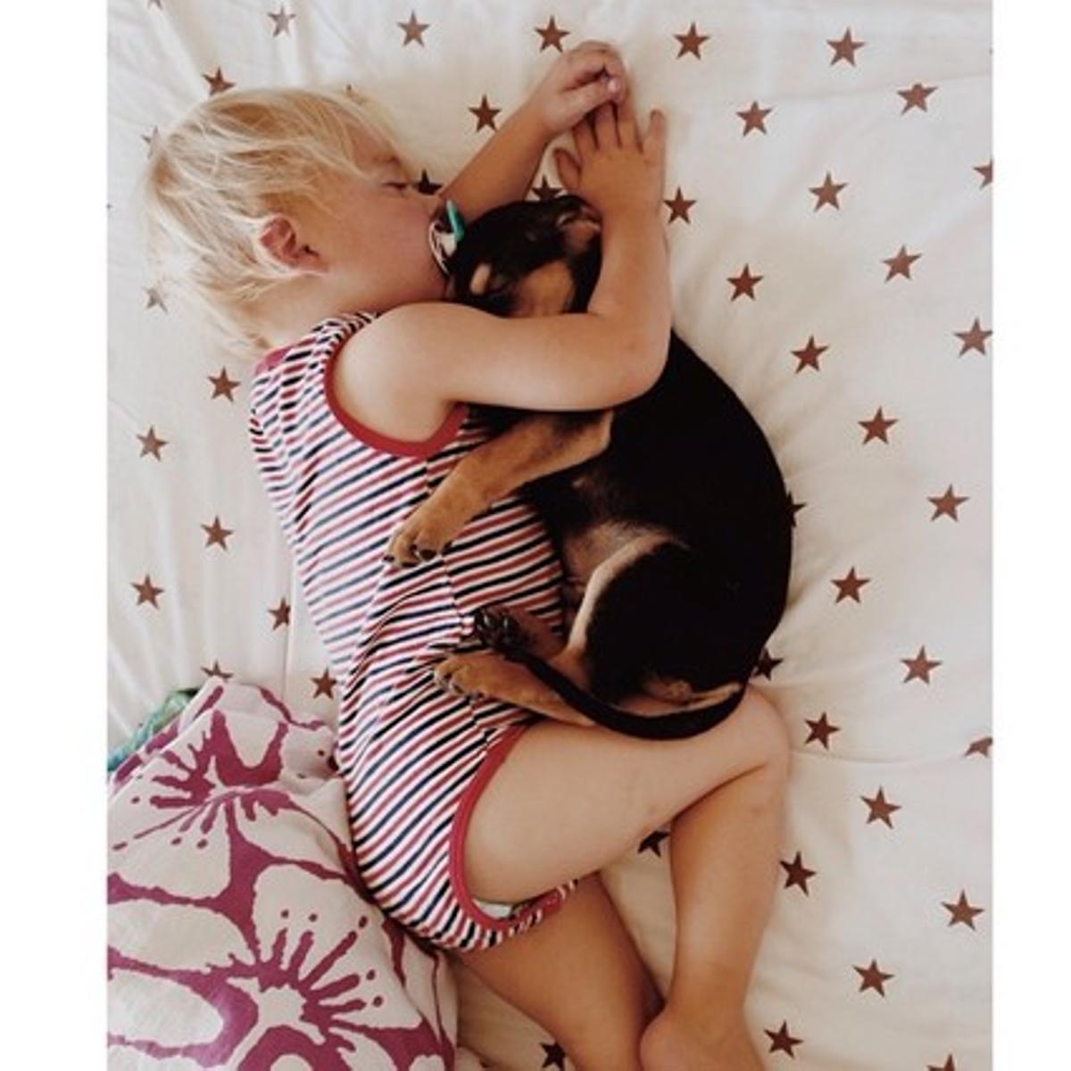 Beau, durmiendo junto a su perro, Theo