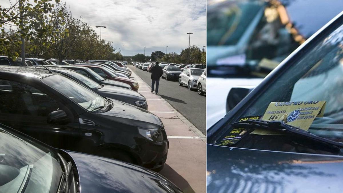 Varios coches aparcados en la UA, junto a un folleto publicitario en el limpiaparabrisas de un coche estacionado en Alicante en respectivas imágenes de archivo