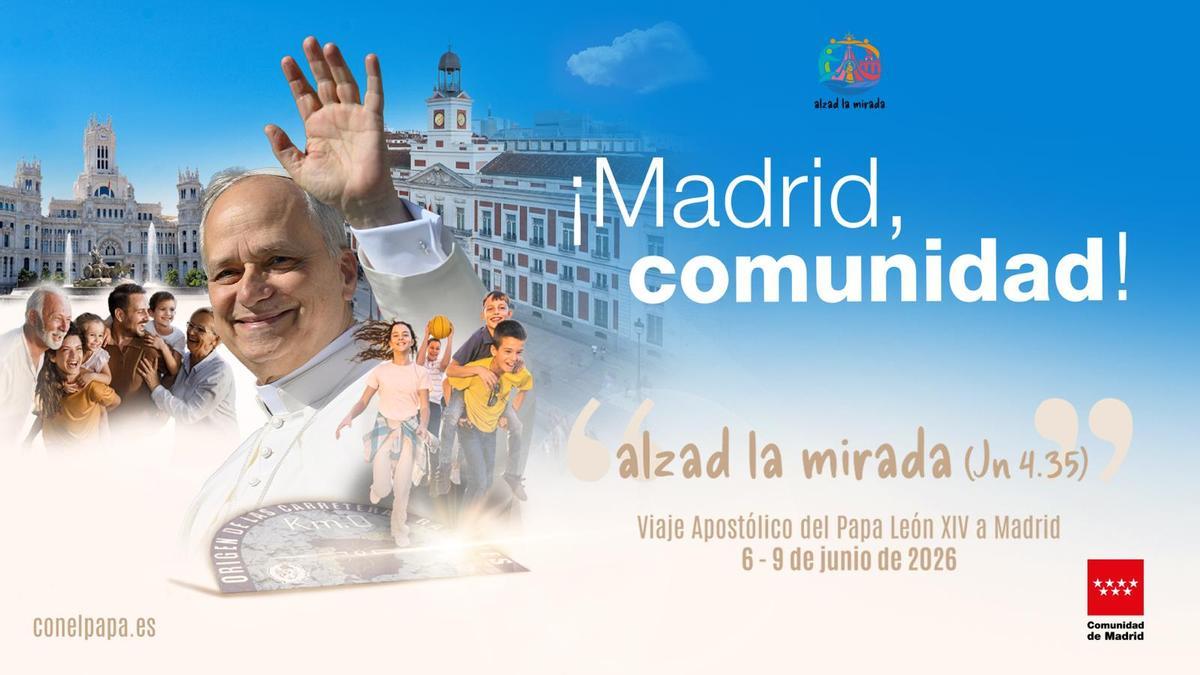 Cartel de la Comunidad de Madrid para celebrar la visita del papa León XIV.