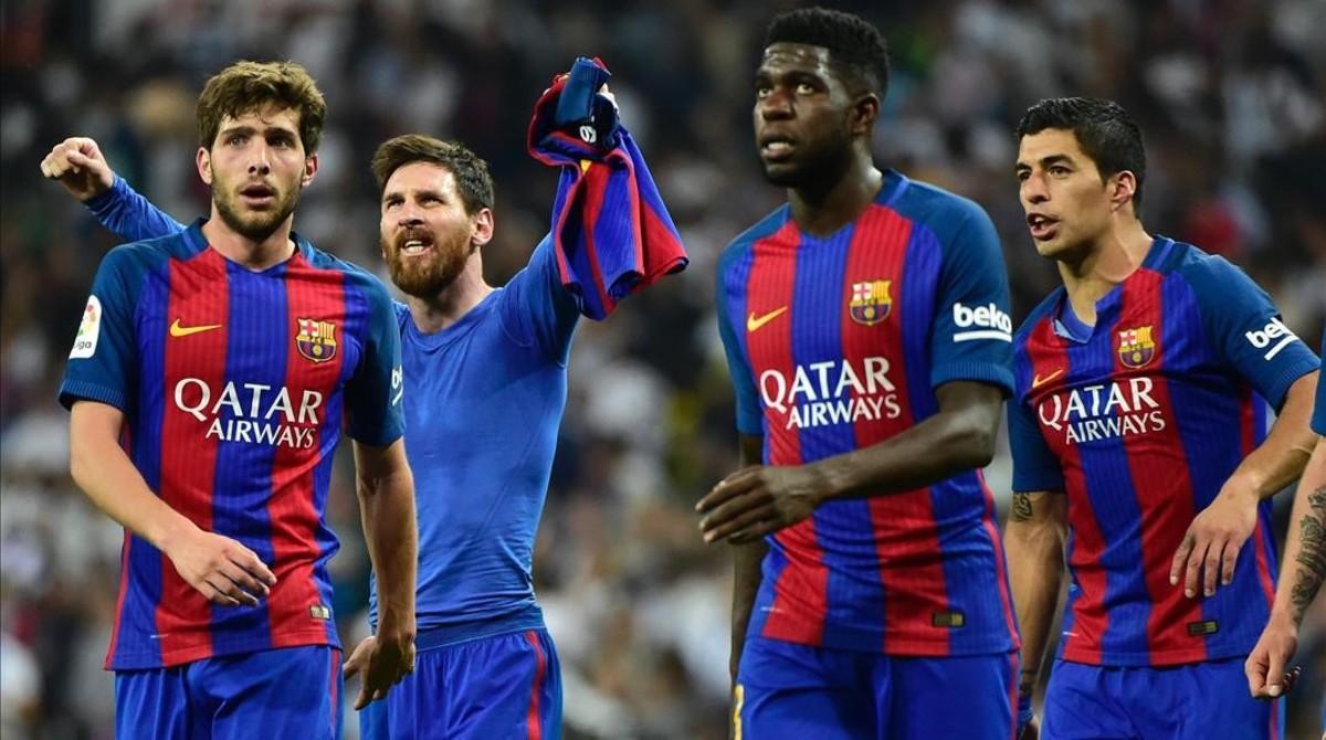 Sergi Roberto, Messi, Umtiti y Suárez, tras el 2-3 en el Bernabéu.