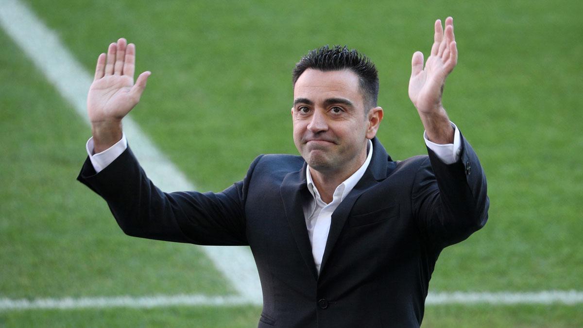 Xavi Hernández, durante su presentación en el Camp Nou.