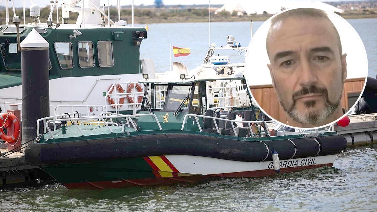 Embarcaciones de la Guardia Civil en el Muelle de Huelva y una imagen del capitán fallecido en Huelva.