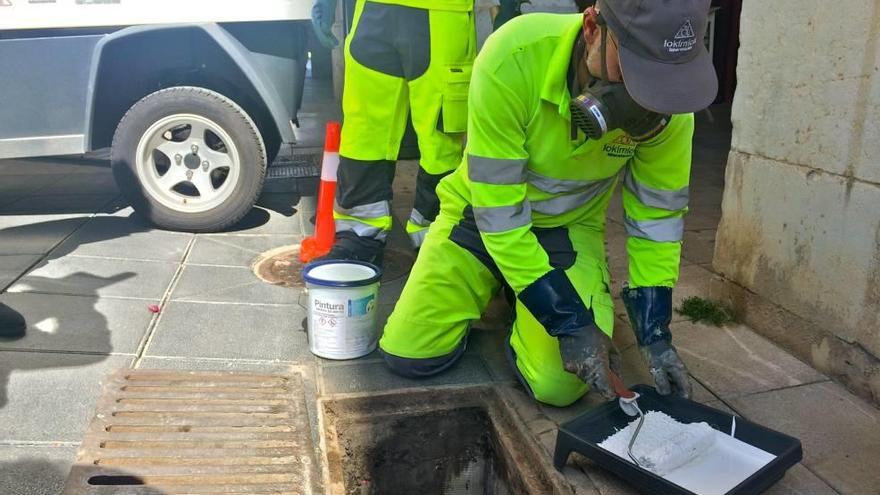 Un trabajador de Lokímica aplica la pintura insecticida en un imbornal de la plaza Major.