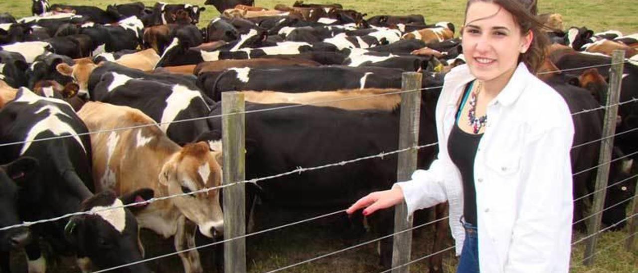 Una alumna junto a las reses de la granja Marphona.