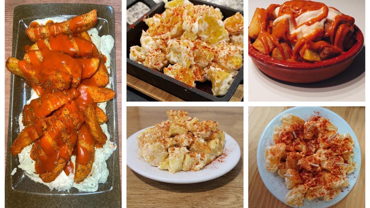 Estas son las mejores patatas bravas de la provincia de Castellón según nuestros lectores. Las imágenes corresponden a Macameu, Los Pucheros, Juan de los Palotes, Mesón El Abuelo y Manolo.