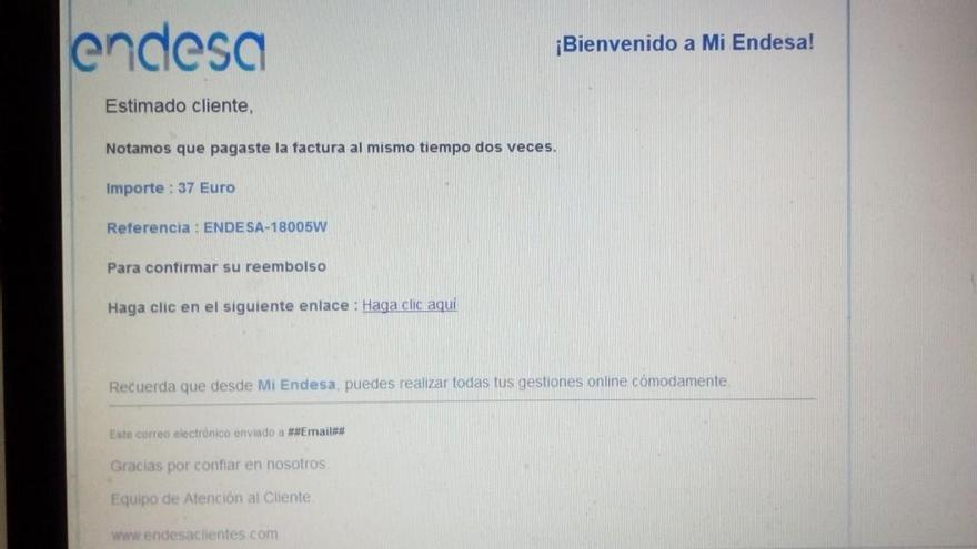 Alertan del fraude del supuesto &quot;reembolso electrónico&quot; de Endesa