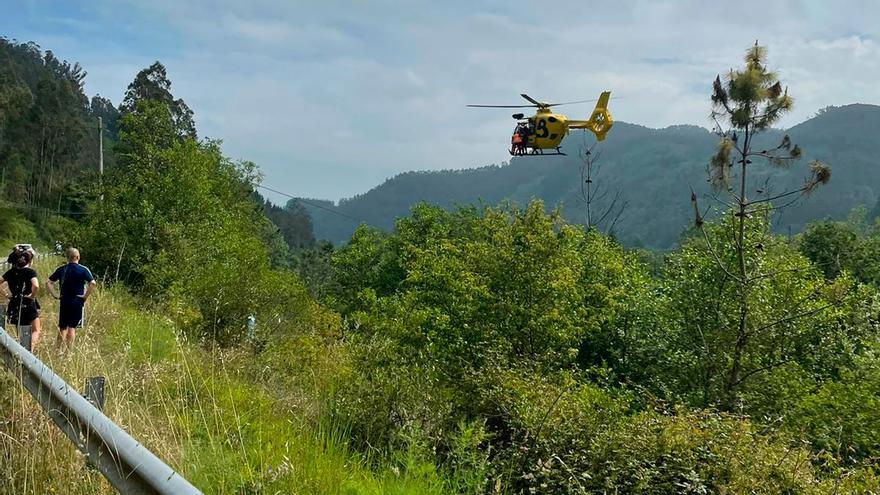 Tres heridos graves en una colisión frontal de dos vehículos, uno de los cuales cayó al Narcea