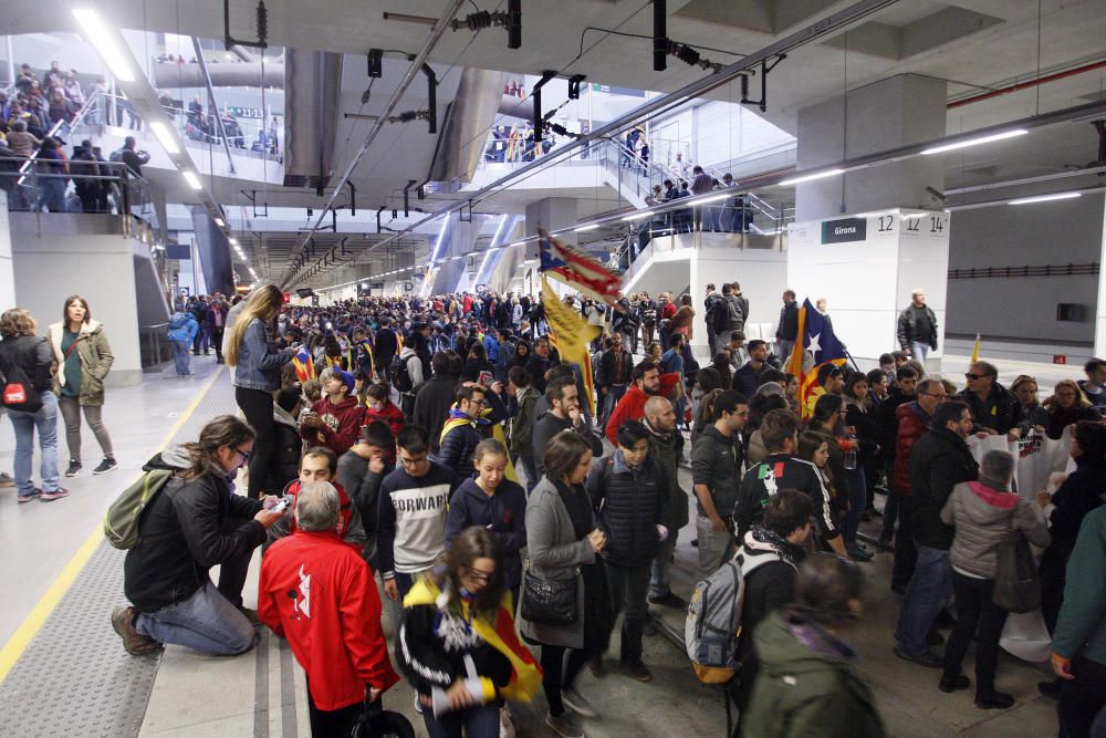 Manifestants tallen les vies del TAV a l'estació de Girona