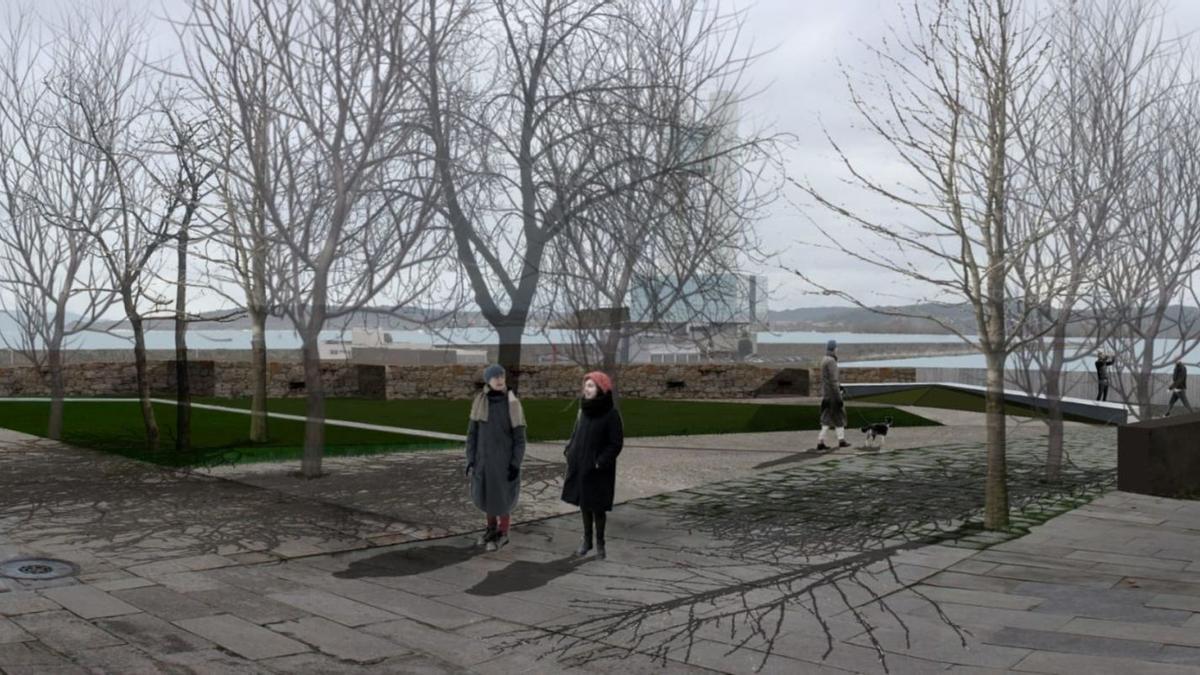 Imagen virtual del parque proyectado junto a la muralla en la parte trasera de la Fundación Luís Seoane.