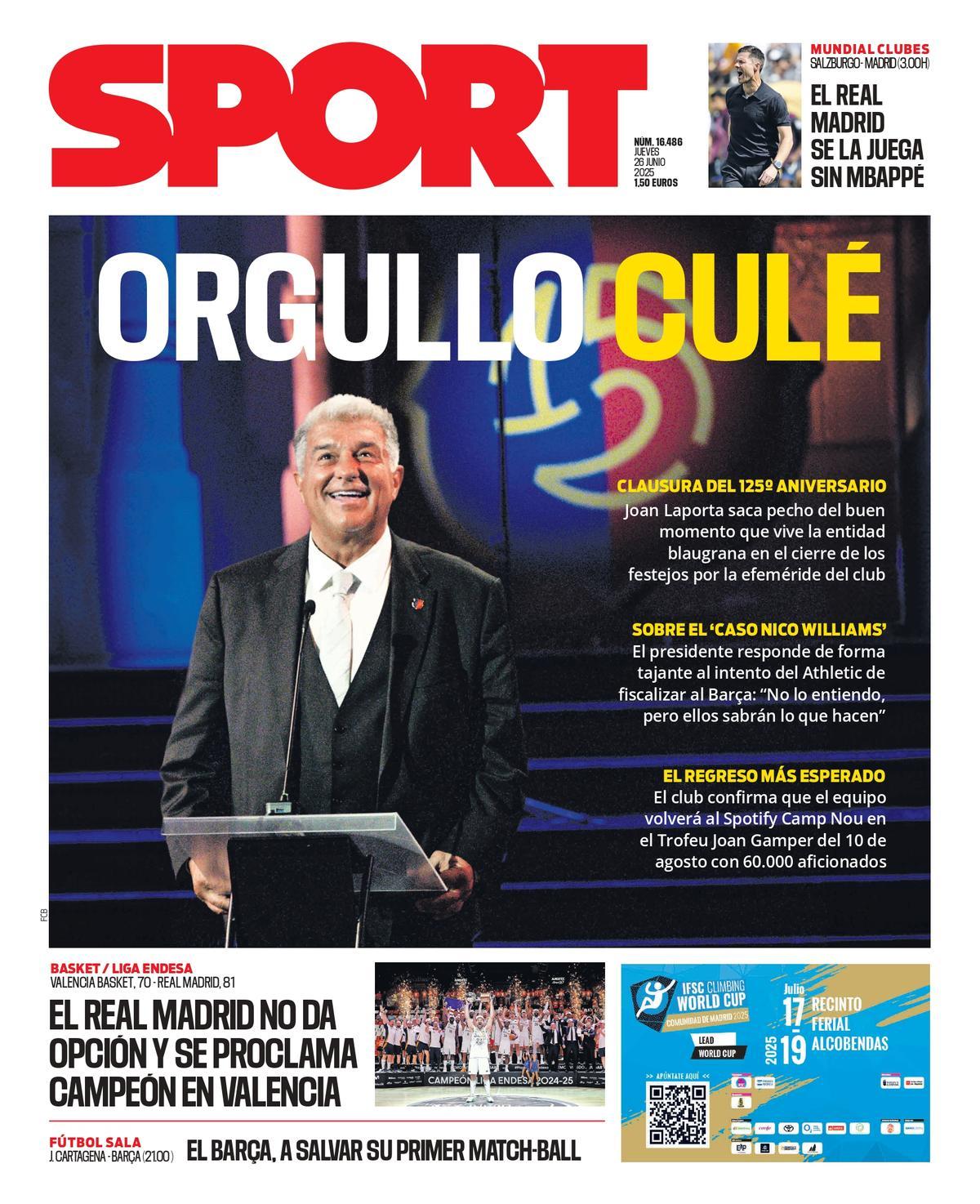 Esta es la portada de SPORT de hoy jueves, 26 de junio de 2025