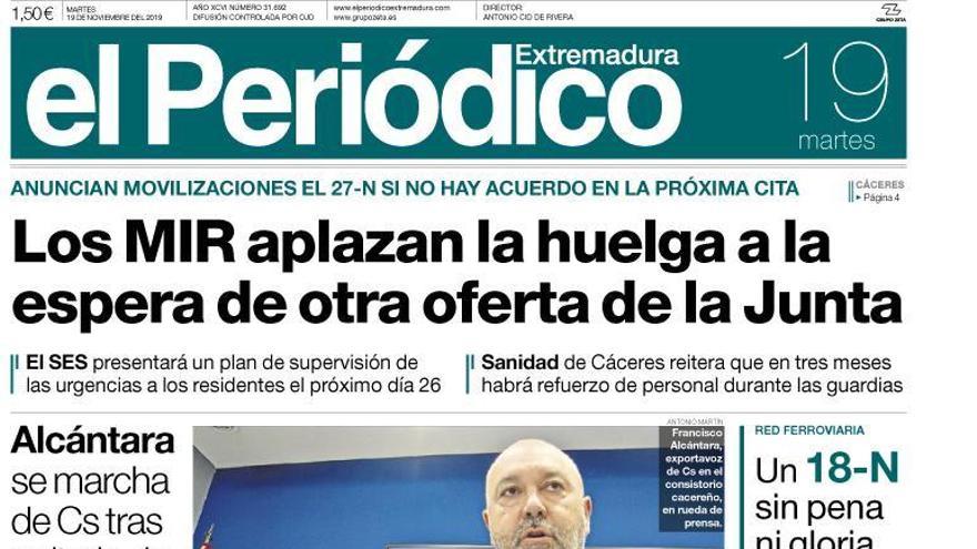 Esta es la portada de EL PERIÓDICO EXTREMADURA correspondiente al día 19 de noviembre del 2019