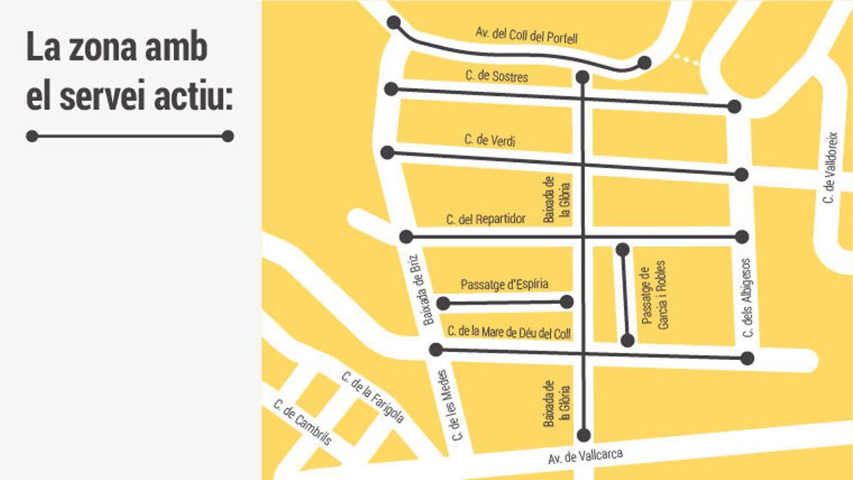 Calles a las que da servicio el taxi gratuito por la sobras de la Baixada de la Glòria de Barcelona
