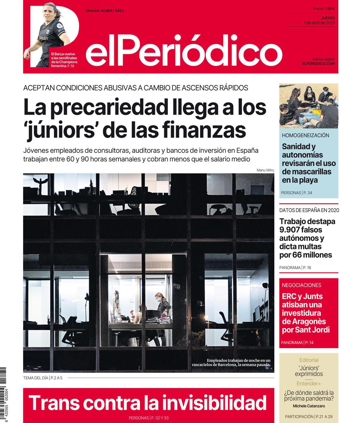 La portada d’EL PERIÓDICO del 31 de març del 2021