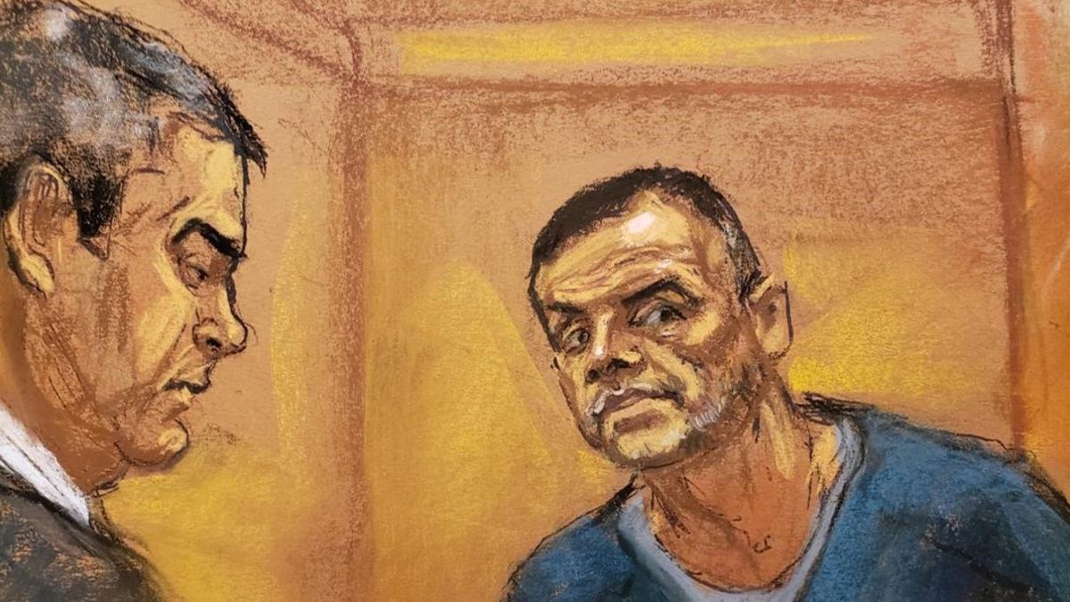 Dibujno de uno de los interrogatorios durente el juicio a 'El Chapo'.