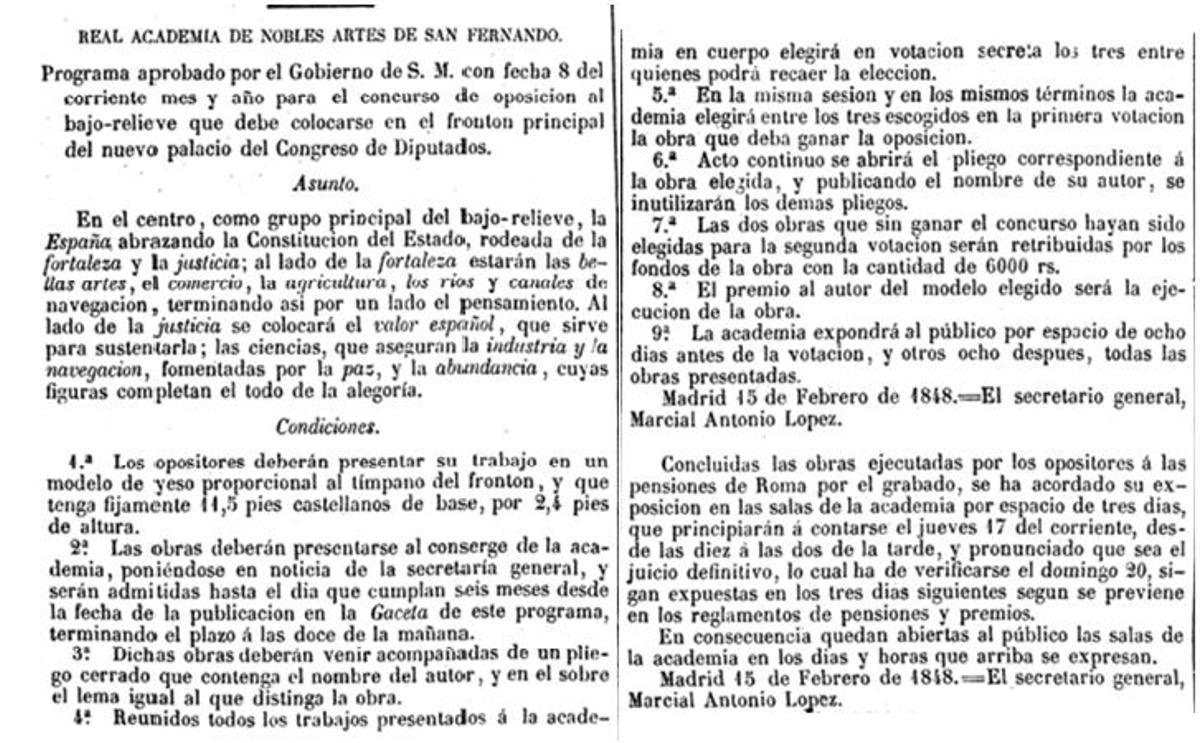 Concurso publicado en la Gaceta de Madrid del 17 de agosto de 1848.
