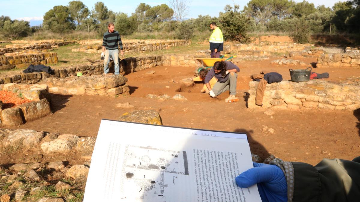 Un arqueólogo consulta un libro que habla de la poción, mientras sus compañeros trabajan en el yacimiento de Mas Castellar de Pontó