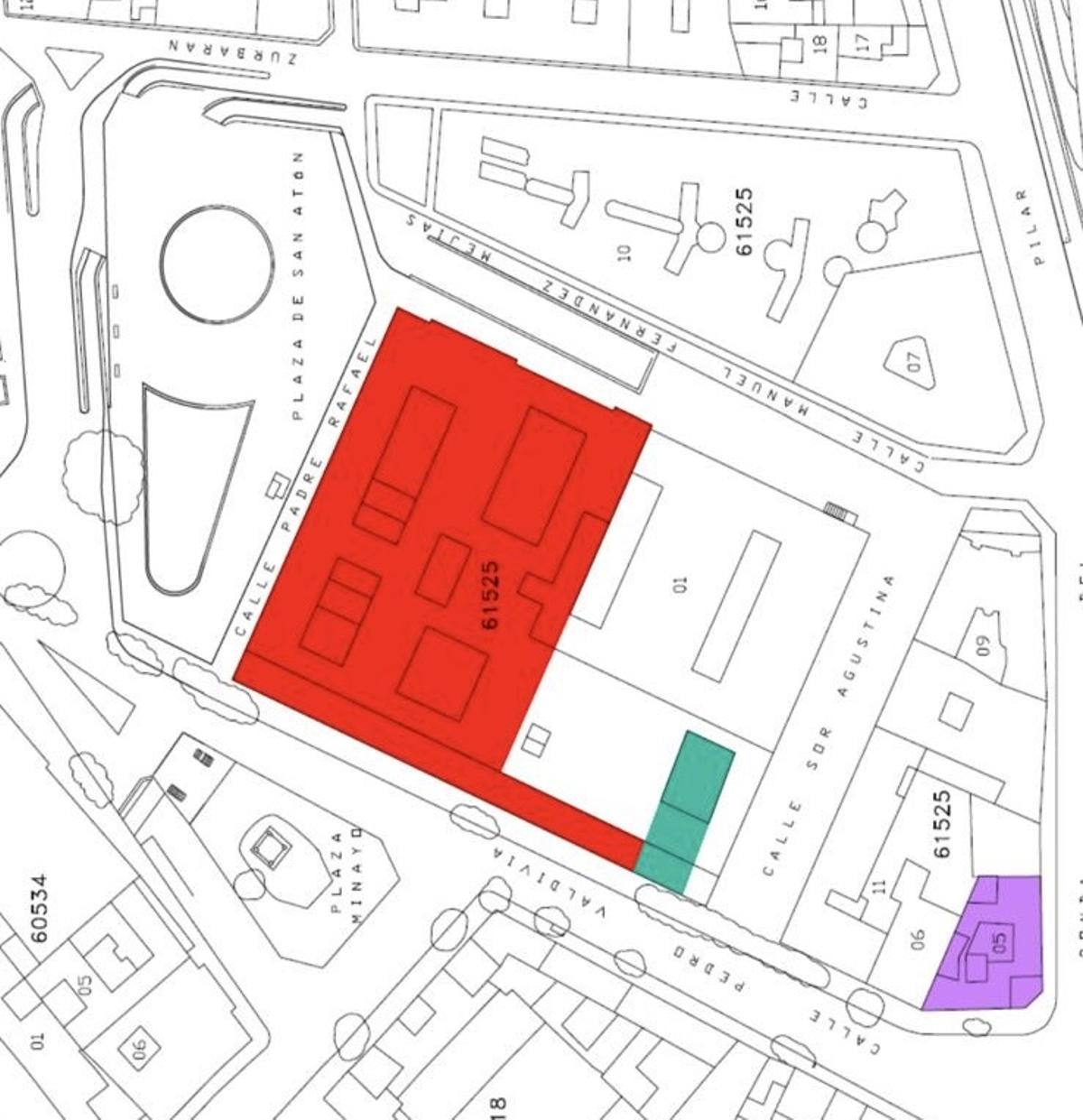 En este plano están coloreados los espacios protegidos (el Hospital Centro Vivo y la iglesia).