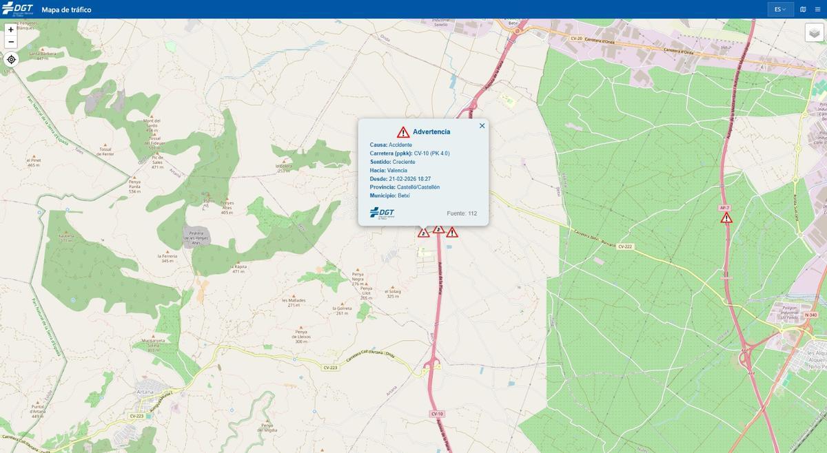 Una imagen del aviso del accidente de la Dirección General de Tráfico.