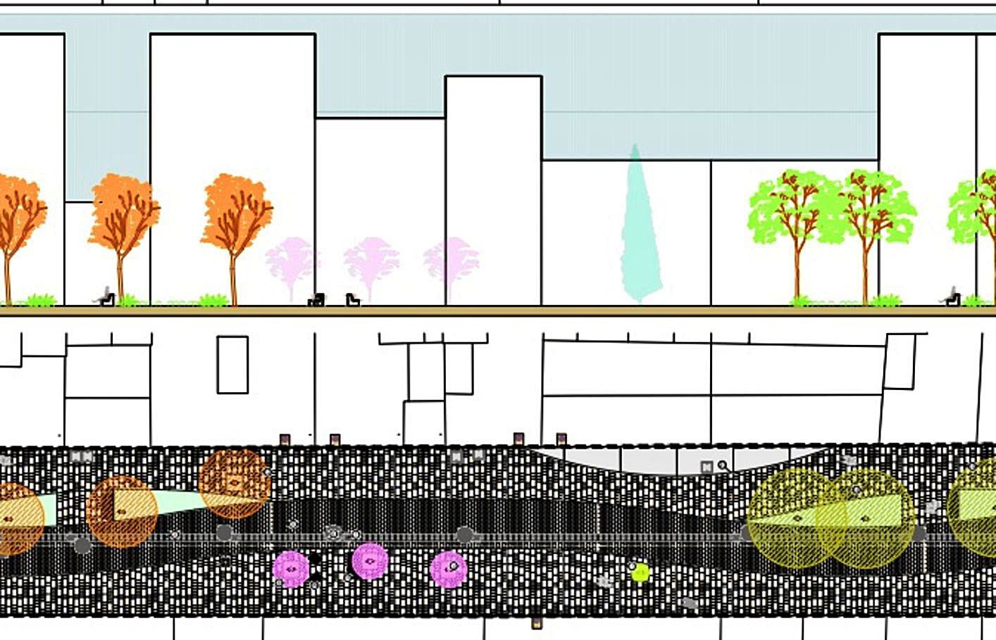 El alzado del proyecto y la planta de cómo será el vial tras la remodelación. |