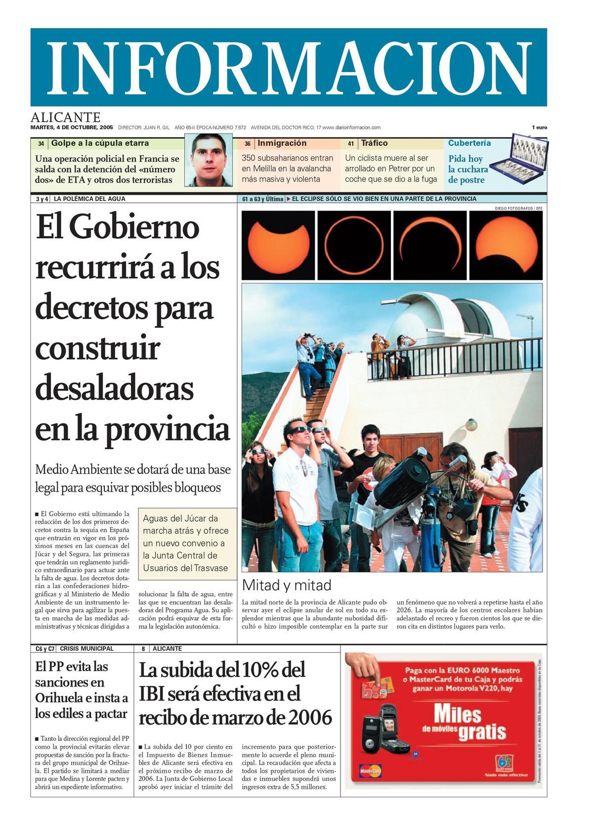 La portada de INFORMACIÓN del día siguiente al eclipse de 2005.