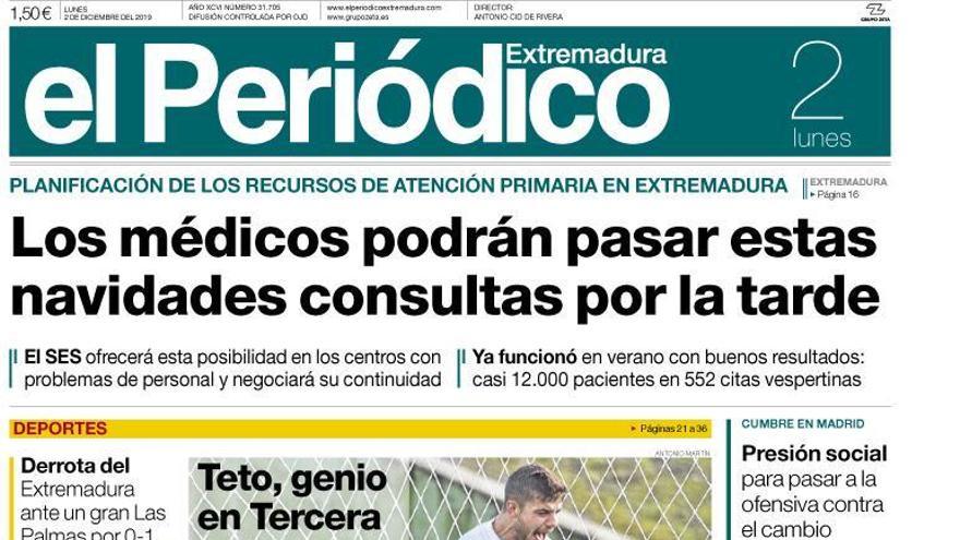 Esta es la portada de EL PERIÓDICO EXTREMADURA correspondiente al día 2 de diciembre del 2019